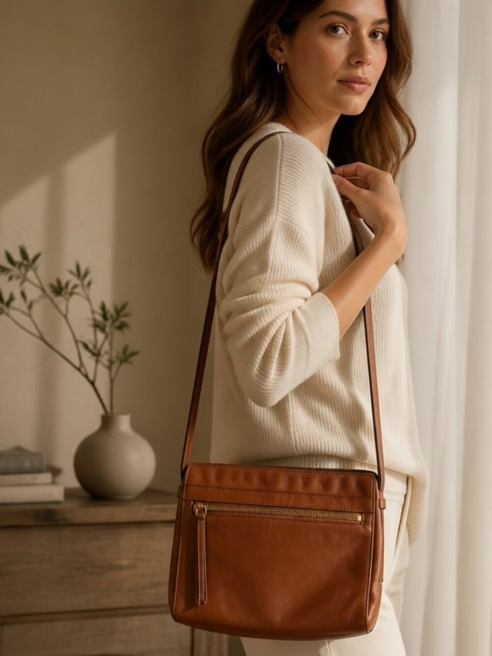 Fossil Fiona Small Crossbody Bag Brown Leather Contemporary Everyday Purse